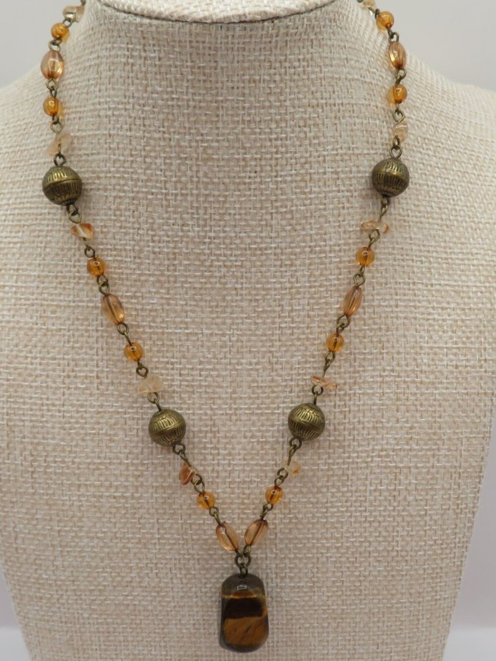 Vintage Gem Stone Glass Mixed Metals Beaded Necklace Tiger's Eye Pendant